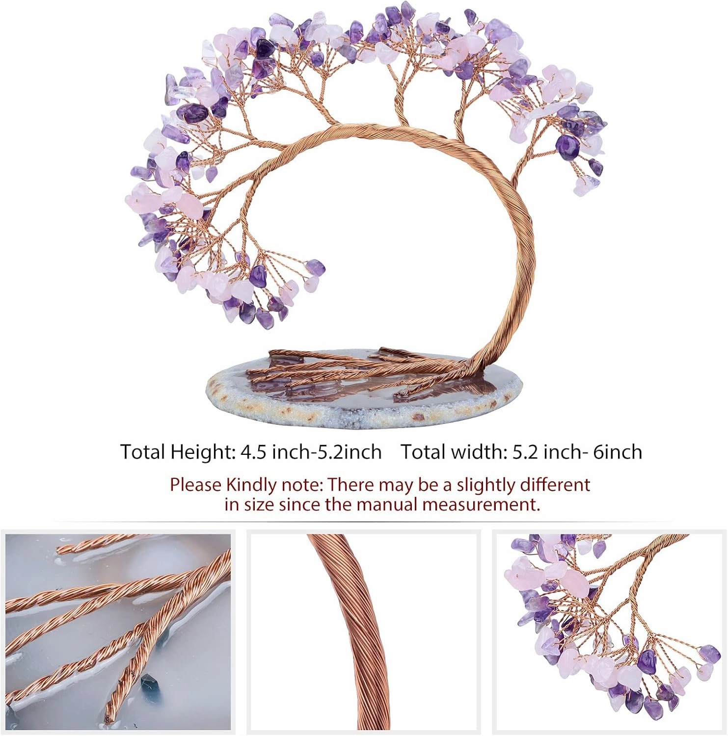 rockcloud Handmade 4.5-5.2'' Crystal Money Tree with Agate Slice Base Tumbled Stones Feng Shui Bonsai Home Office Decor for Luck and Wealth, Amethyst and Rose Quartz