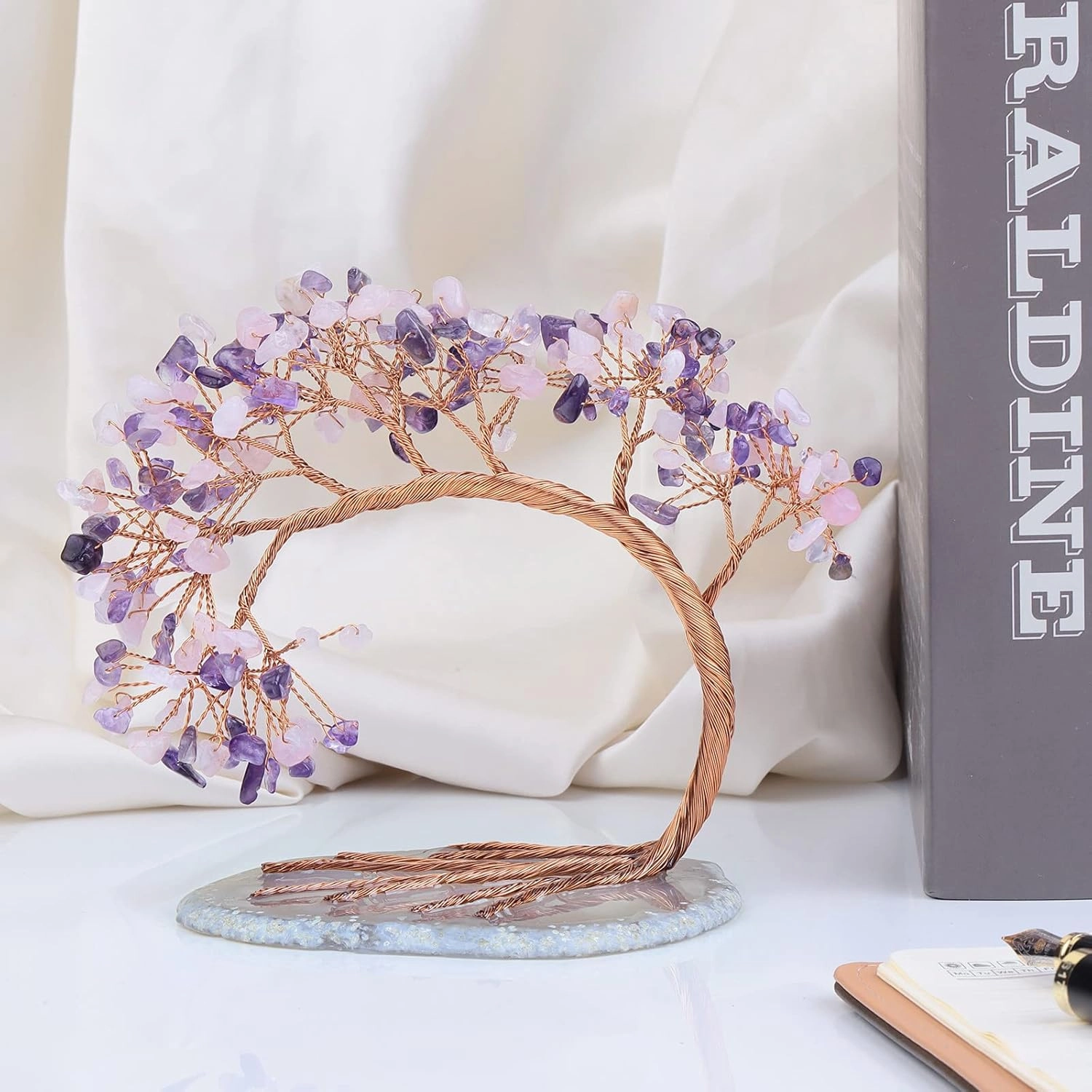 rockcloud Handmade 4.5-5.2'' Crystal Money Tree with Agate Slice Base Tumbled Stones Feng Shui Bonsai Home Office Decor for Luck and Wealth, Amethyst and Rose Quartz