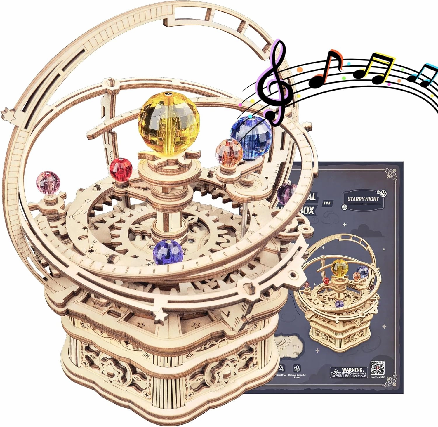 ROKR 3D Puzzles for Adults Orrery Music Box Wooden Model Building Set, DIY Wood Craft Kit Solar System Kit STEM Toys Gifts for Teens Boys/Girls Hobbies for Man/Woman