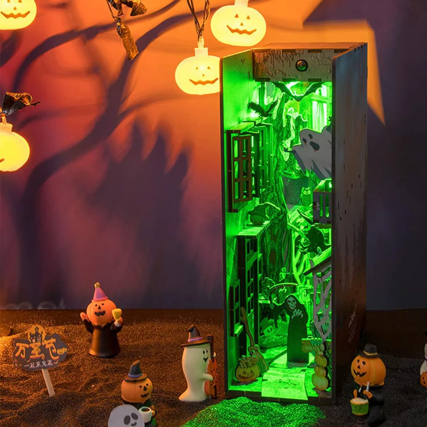 Roroom DIY Miniature and Furniture Dollhouse Kit,Mini 3D Wooden Doll House Craft Model with LED,Creative Room Idea for Halloween Birthday Gift(Spooky Alley)
