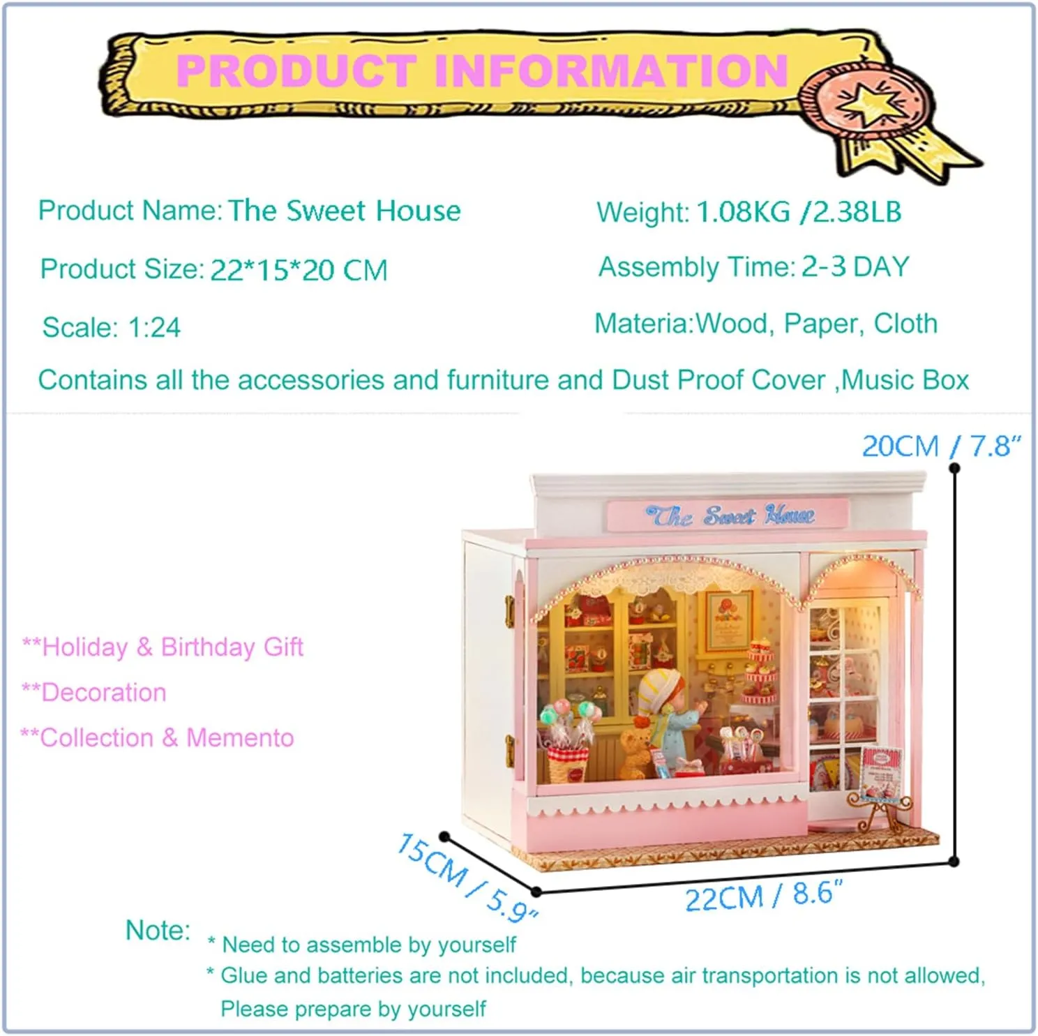 Roroom DIY Miniature and Furniture Dollhouse Kit,Mini 3D Wooden Doll House Craft Model,Creative Room Idea for Valentine's Day Birthday Gift(Book Outside The Book) (F015-The Sweet House)