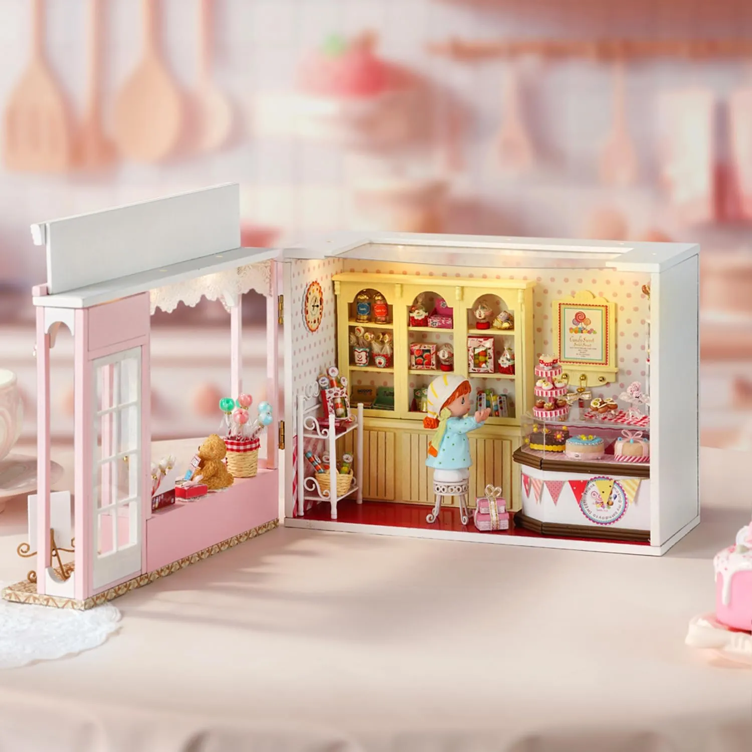 Roroom DIY Miniature and Furniture Dollhouse Kit,Mini 3D Wooden Doll House Craft Model,Creative Room Idea for Valentine's Day Birthday Gift(Book Outside The Book) (F015-The Sweet House)