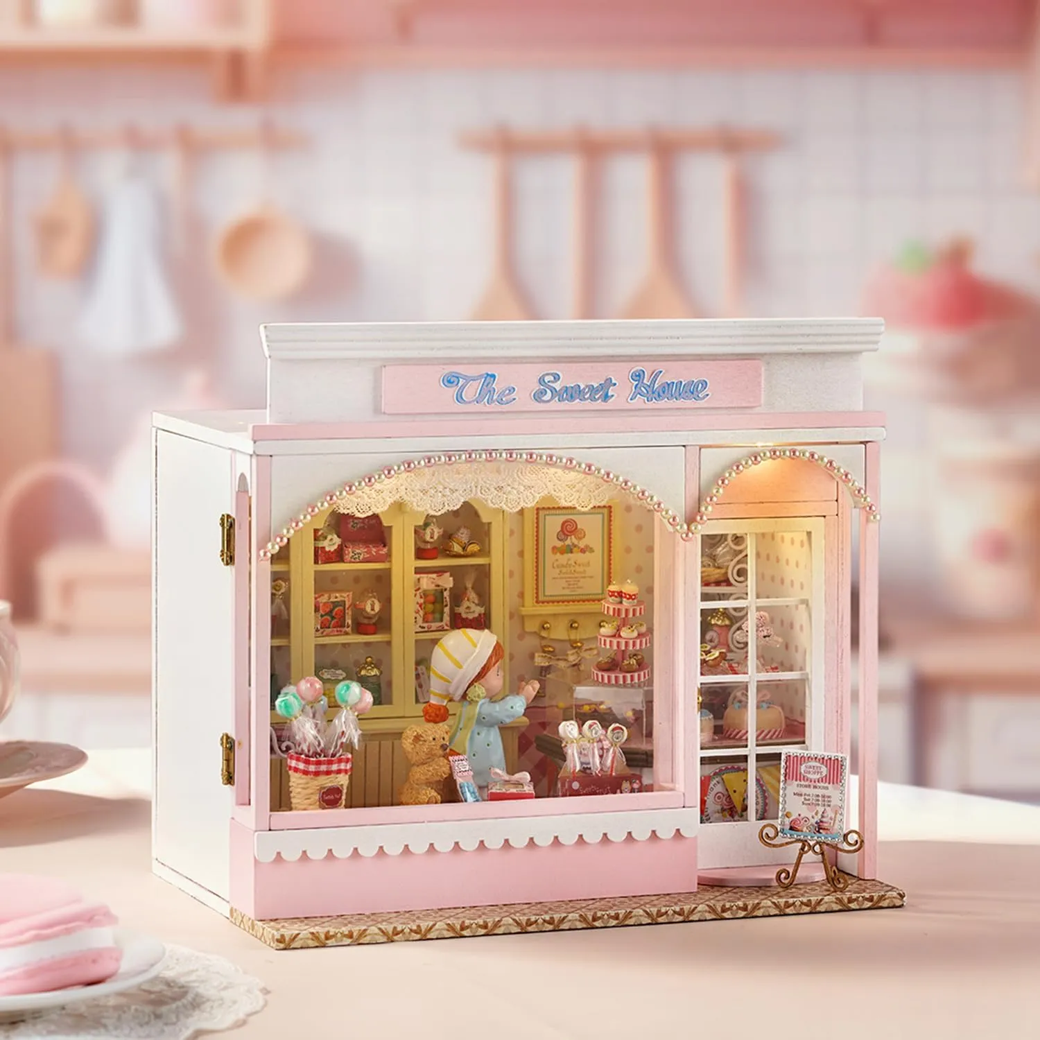 Roroom DIY Miniature and Furniture Dollhouse Kit,Mini 3D Wooden Doll House Craft Model,Creative Room Idea for Valentine's Day Birthday Gift(Book Outside The Book) (F015-The Sweet House)