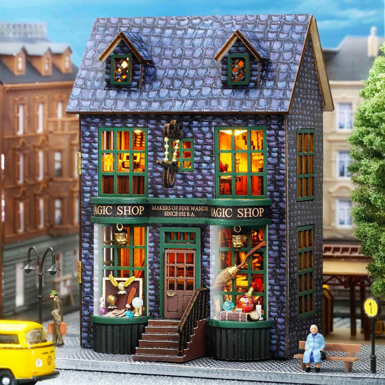 Roroom DIY Miniature and Furniture Dollhouse Kit,Mini 3D Wooden Doll House Craft Model with LED,Creative Room Idea for Valentine's Day Birthday Gift (Magic Shop-D-001)