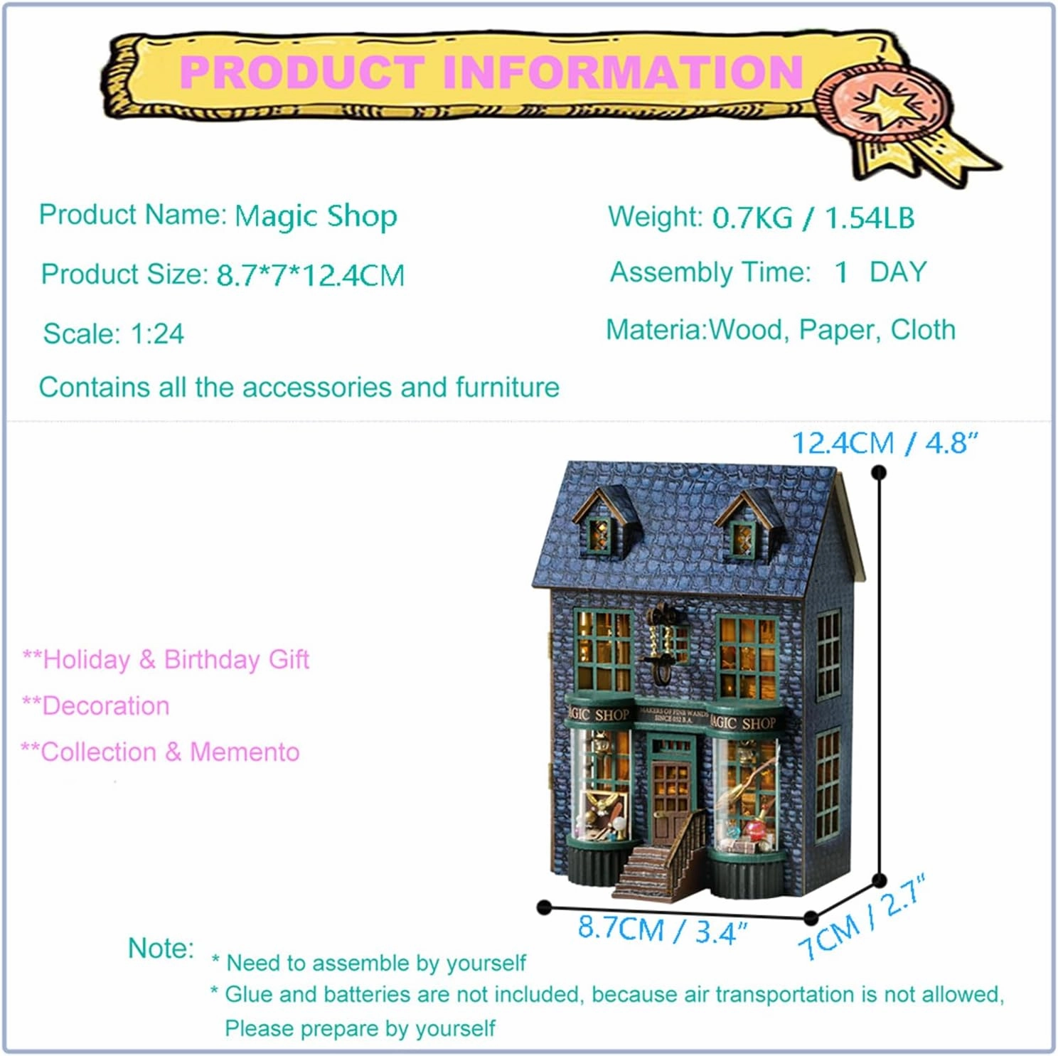Roroom DIY Miniature and Furniture Dollhouse Kit,Mini 3D Wooden Doll House Craft Model with LED,Creative Room Idea for Valentine's Day Birthday Gift (Magic Shop-D-001)
