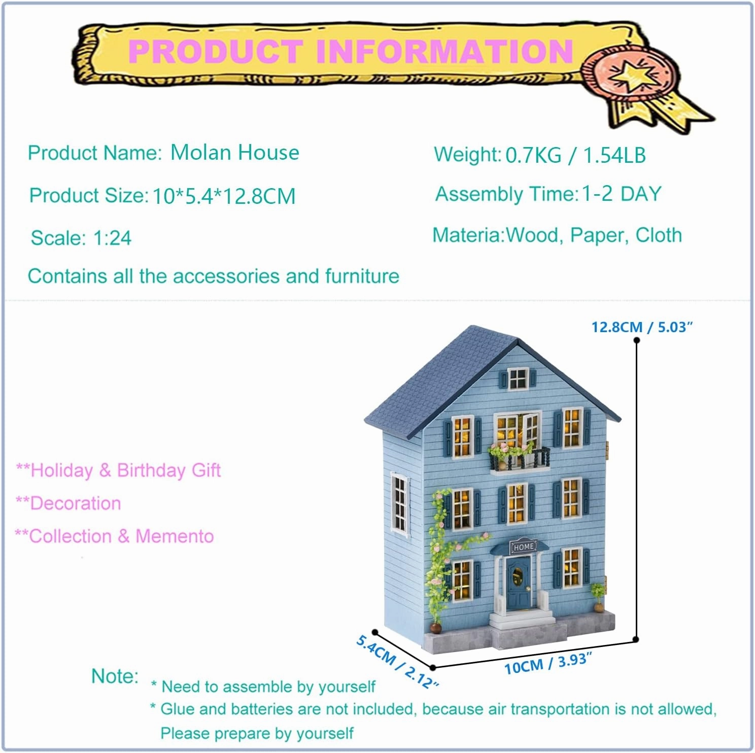 Roroom DIY Miniature and Furniture Dollhouse Kit,Mini 3D Wooden Doll House Craft Model with LED,Creative Room Idea for Valentine's Day Birthday Gift(Molan House)