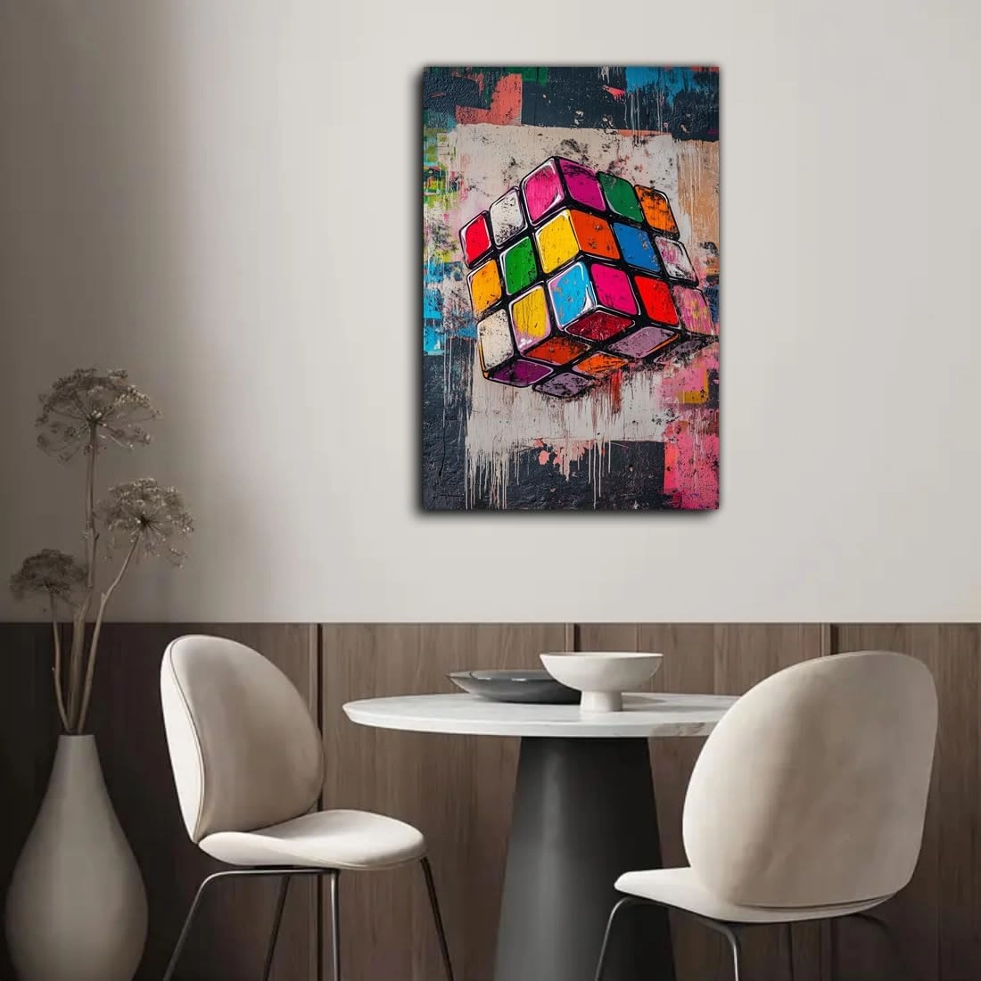 ROSE ONLY Magic Cube Pattern Graffiti Canvas Wall Art - Framed, Home Decor for Living Room Bedroom Gameroom, Perfect Holiday/Festival Gifts (8W X 12L)