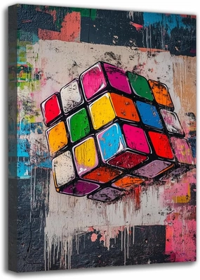 ROSE ONLY Magic Cube Pattern Graffiti Canvas Wall Art - Framed, Home Decor for Living Room Bedroom Gameroom, Perfect Holiday/Festival Gifts (8W X 12L)