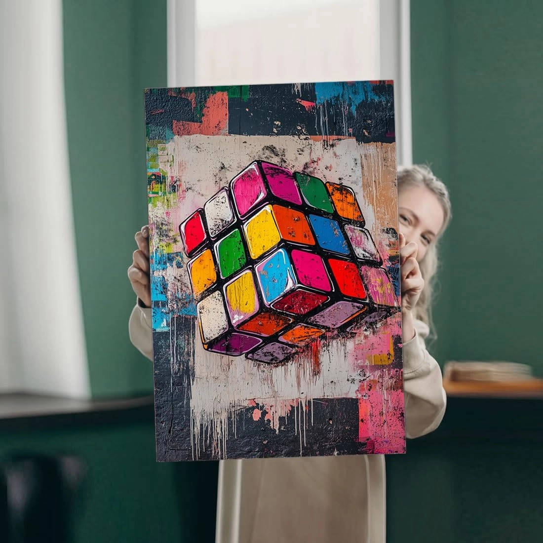ROSE ONLY Magic Cube Pattern Graffiti Canvas Wall Art - Framed, Home Decor for Living Room Bedroom Gameroom, Perfect Holiday/Festival Gifts (8W X 12L)