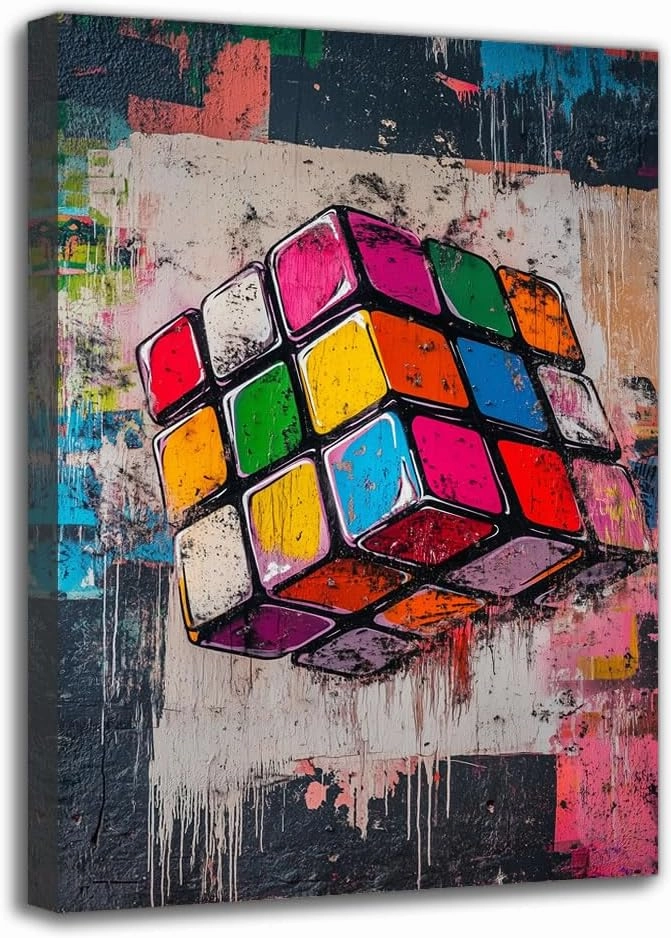 ROSE ONLY Magic Cube Pattern Graffiti Canvas Wall Art - Framed, Home Decor for Living Room Bedroom Gameroom, Perfect Holiday/Festival Gifts (8W X 12L)