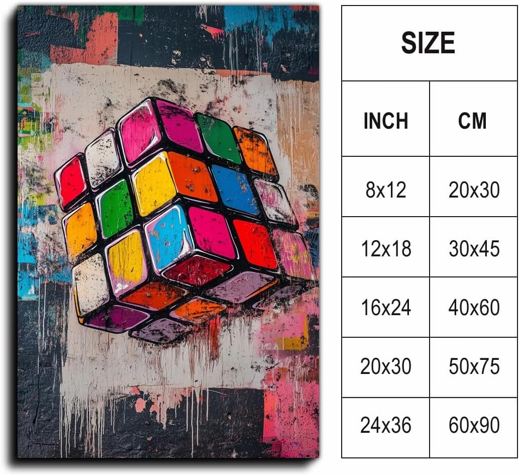 ROSE ONLY Magic Cube Pattern Graffiti Canvas Wall Art - Framed, Home Decor for Living Room Bedroom Gameroom, Perfect Holiday/Festival Gifts (8W X 12L)