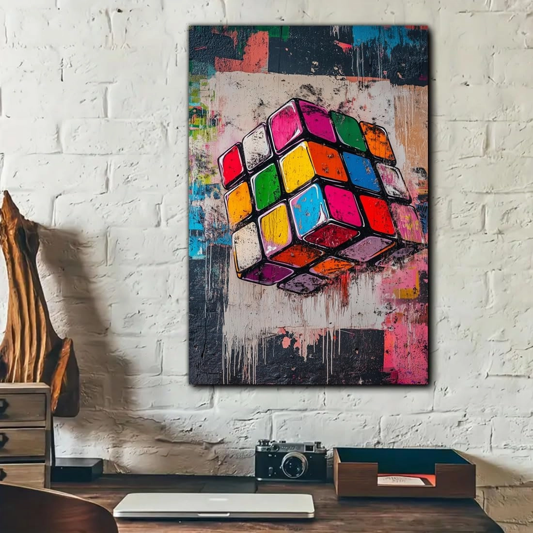 ROSE ONLY Magic Cube Pattern Graffiti Canvas Wall Art - Framed, Home Decor for Living Room Bedroom Gameroom, Perfect Holiday/Festival Gifts (8W X 12L)