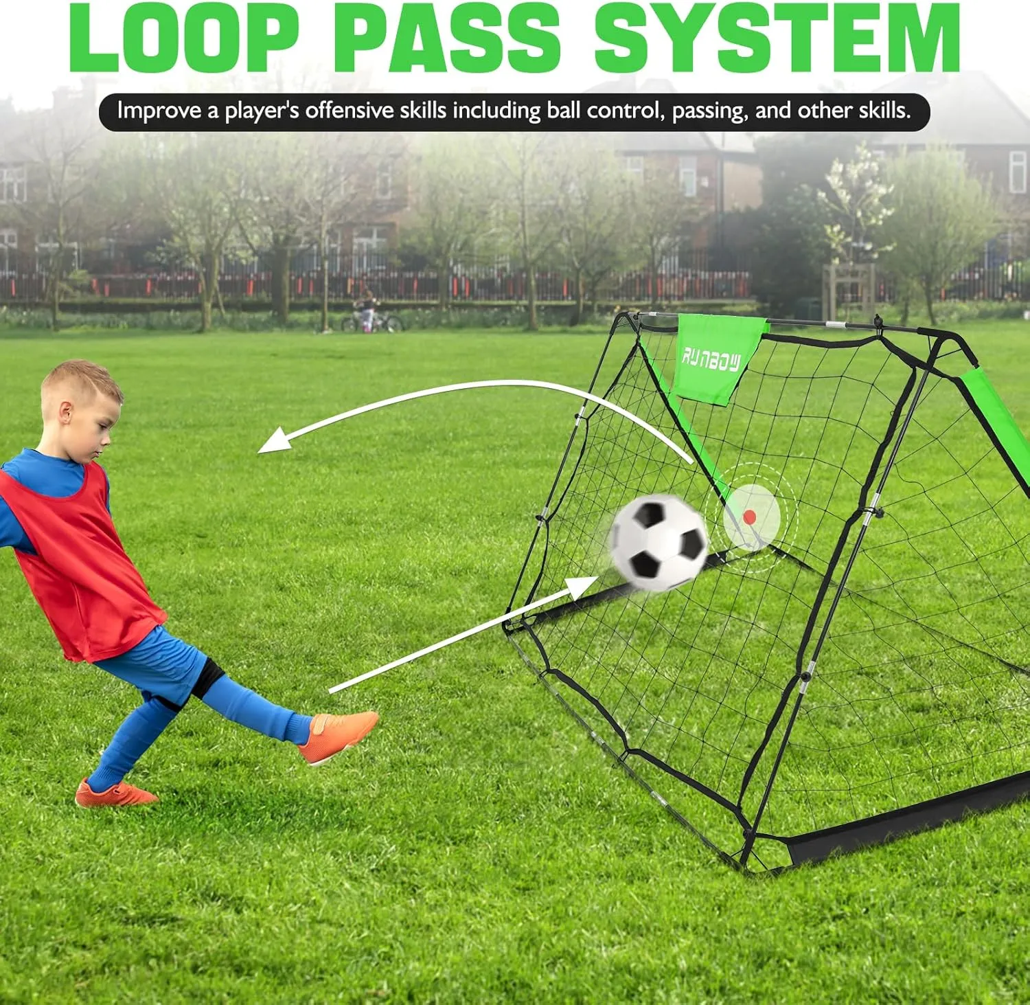 RUNBOW Soccer Goal for Backyard, 6x4ft 2 in 1 Soccer Rebounder Lacrosse Softball Baseball Football Training，Easy Setup Soccer Training Equipment