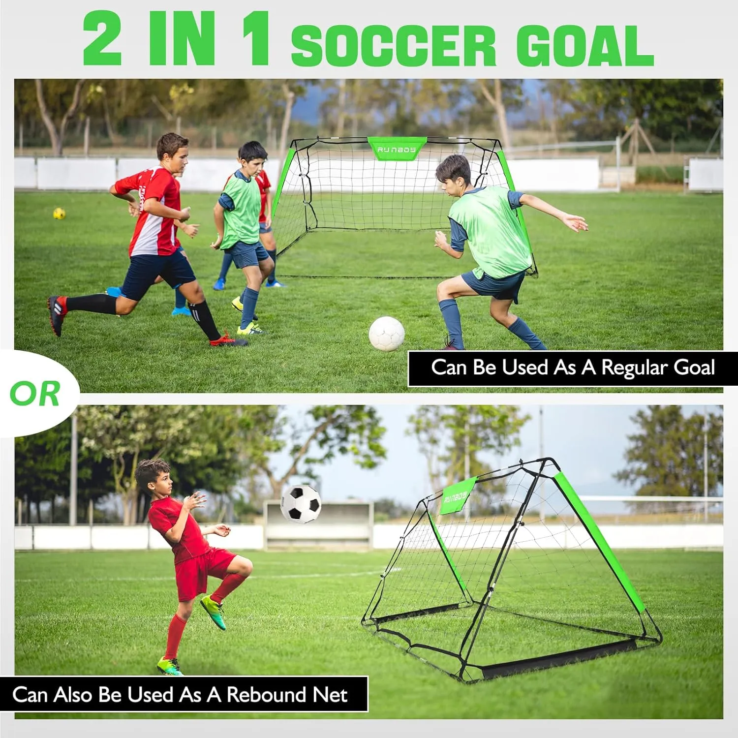 RUNBOW Soccer Goal for Backyard, 6x4ft 2 in 1 Soccer Rebounder Lacrosse Softball Baseball Football Training，Easy Setup Soccer Training Equipment