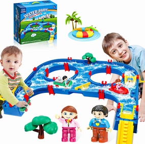 SANCO Water Table for Toddlers - Kids Water Track Playset 61PCS DIY Table Beach Toy on Backyard, Lawn, Pool - Water Toy with 4 Boats, Summer Outside Activity Funs for Toddler
