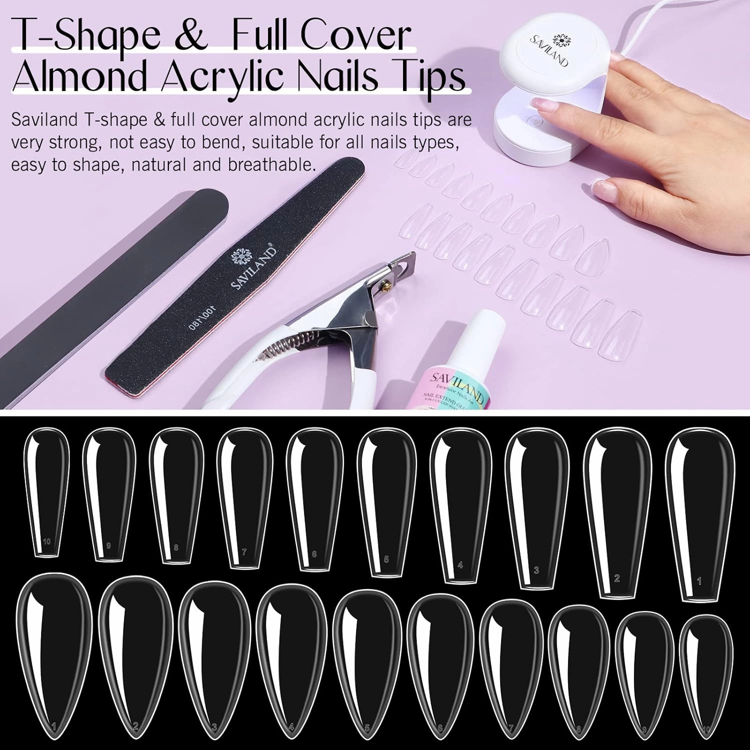 SAVILAND Gel Nail Kit - All-In-1 Nail Kit with 15 ML Gel X Nail Glue, 240 PCS Coffin & 240 PCS Almond Acrylic Nail Tips, Mini Nail Lamp Nail Extensions Manicure Starter Kit