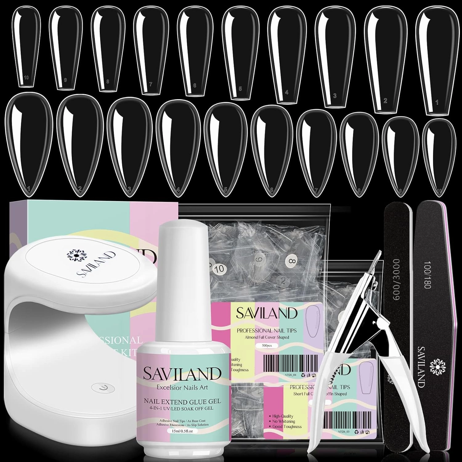 SAVILAND Gel Nail Kit - All-In-1 Nail Kit with 15 ML Gel X Nail Glue, 240 PCS Coffin & 240 PCS Almond Acrylic Nail Tips, Mini Nail Lamp Nail Extensions Manicure Starter Kit