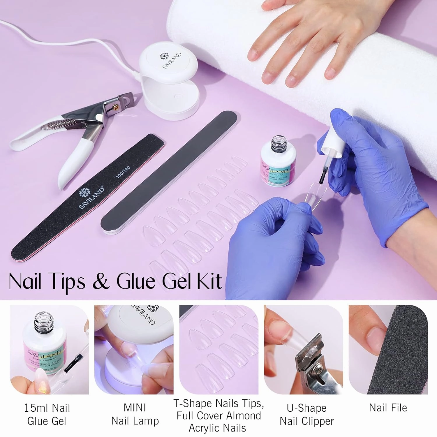 SAVILAND Gel Nail Kit - All-In-1 Nail Kit with 15 ML Gel X Nail Glue, 240 PCS Coffin & 240 PCS Almond Acrylic Nail Tips, Mini Nail Lamp Nail Extensions Manicure Starter Kit