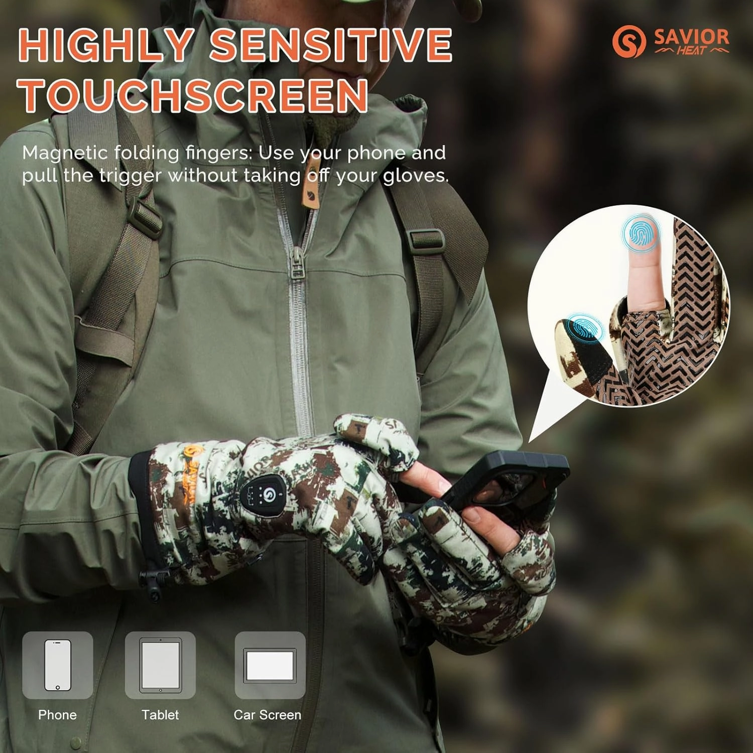 SAVIOR HEAT Heated Gloves - Camouflage Hunting, Fishing, Shooting, Cold Weather Touchscreen Gloves for Men & Women