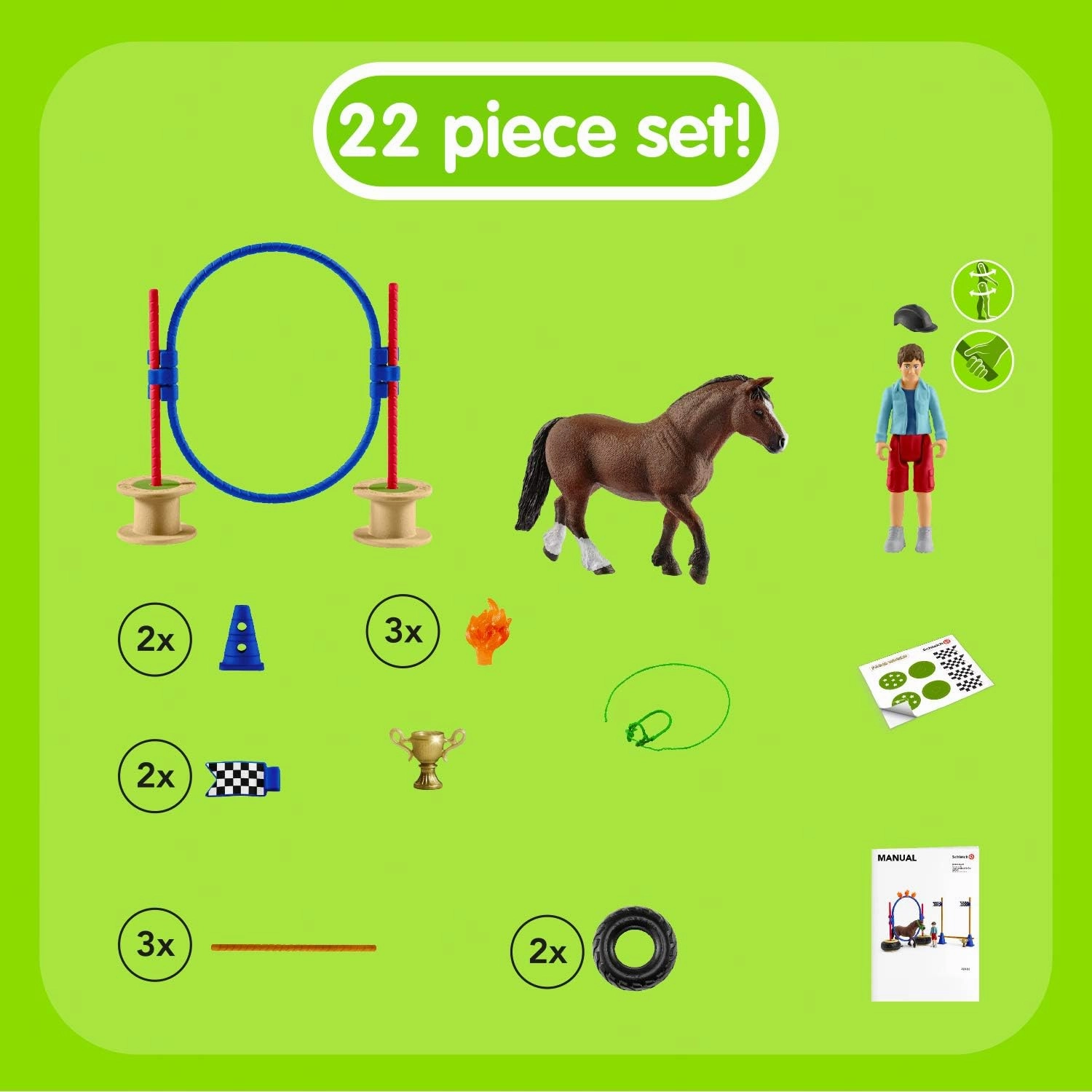 Schleich Farm World, Horse Toys for Kids, Pony Agility Race Playset with Horse Figurines and Accessories 22-Piece Set, Ages 3 