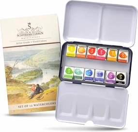 SCHPIRERR FARBEN – Watercolor Paint Set with Rich Pigment, Watercolor Set for Adults and Children, Portable Painter Palette in a Tin Box with a Metal Ring, 12 Vivid Colors