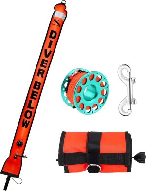 Scuba Surface Marker Buoy (SMB) Set, 5ft Hi-Visibility Reflective Band Open Bottom Safety Sausage with 100ft Alloy Finger Spool Dive Reel and Double-Ended Snap Hook Fits Underwater