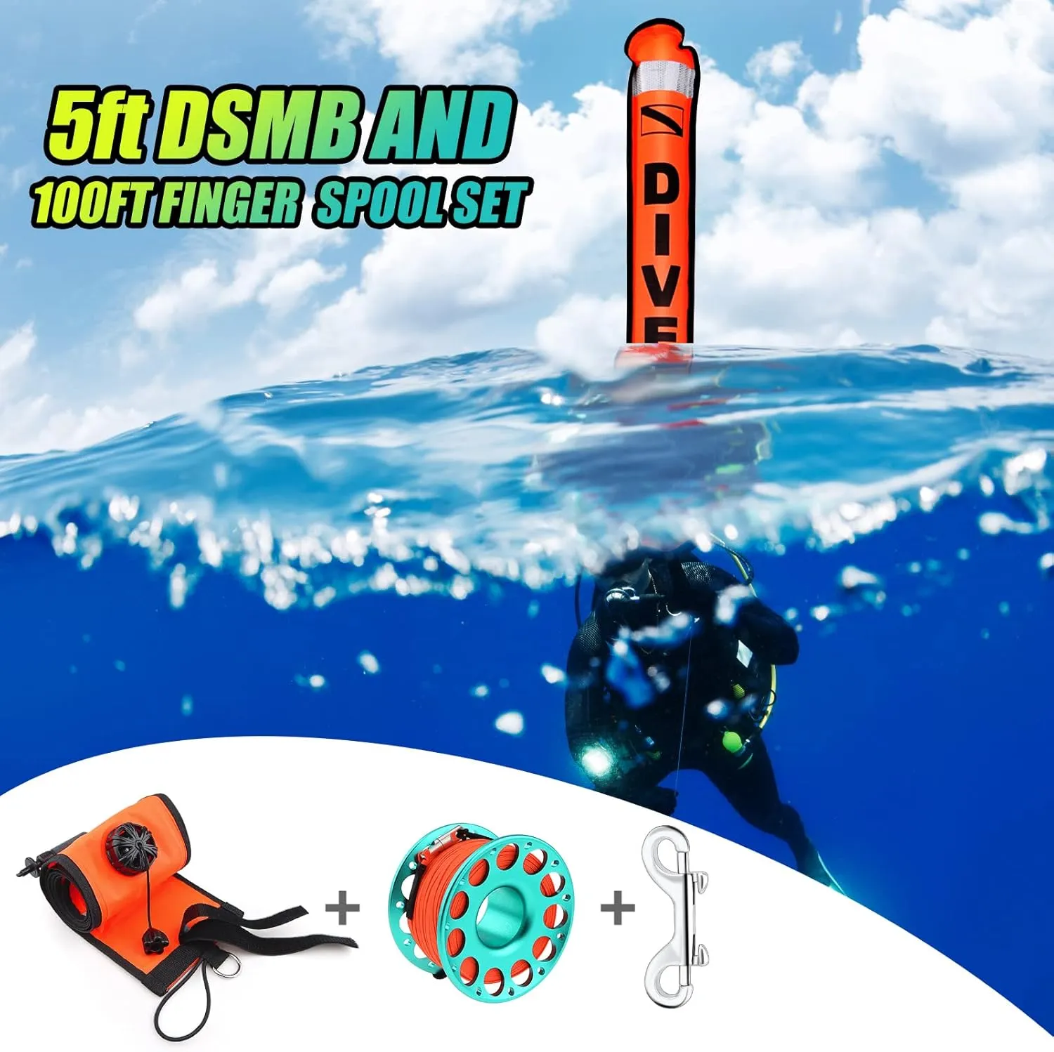 Scuba Surface Marker Buoy (SMB) Set, 5ft Hi-Visibility Reflective Band Open Bottom Safety Sausage with 100ft Alloy Finger Spool Dive Reel and Double-Ended Snap Hook Fits Underwater