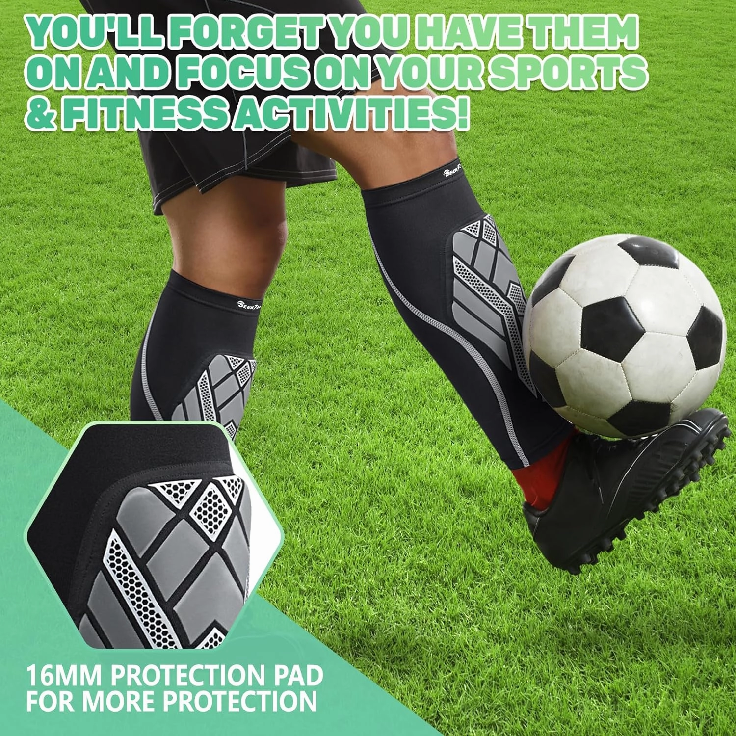 Seektop Soccer Shin Guards Pads for Kids Youth Adult, Shin Guard Sleeves for Boys Girls, Calf Compression Sleeve with Shock-Absorbing Pads, High Impact Resistant Breathable Comfortable, Lightweight