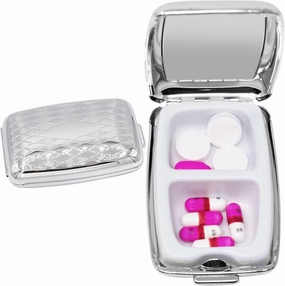 Set of 2 Etched Rectangular Pocket Purse Pill Box & Organizer with Dual Compartments (Diamond Pattern)
