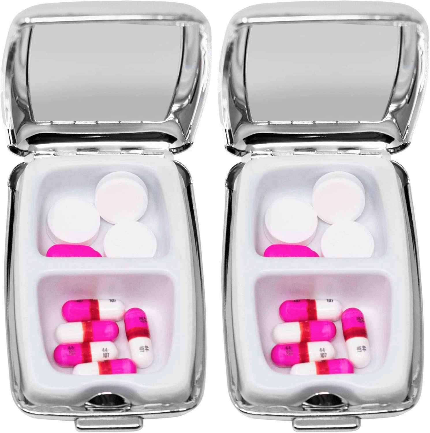 Set of 2 Etched Rectangular Pocket Purse Pill Box & Organizer with Dual Compartments (Diamond Pattern)