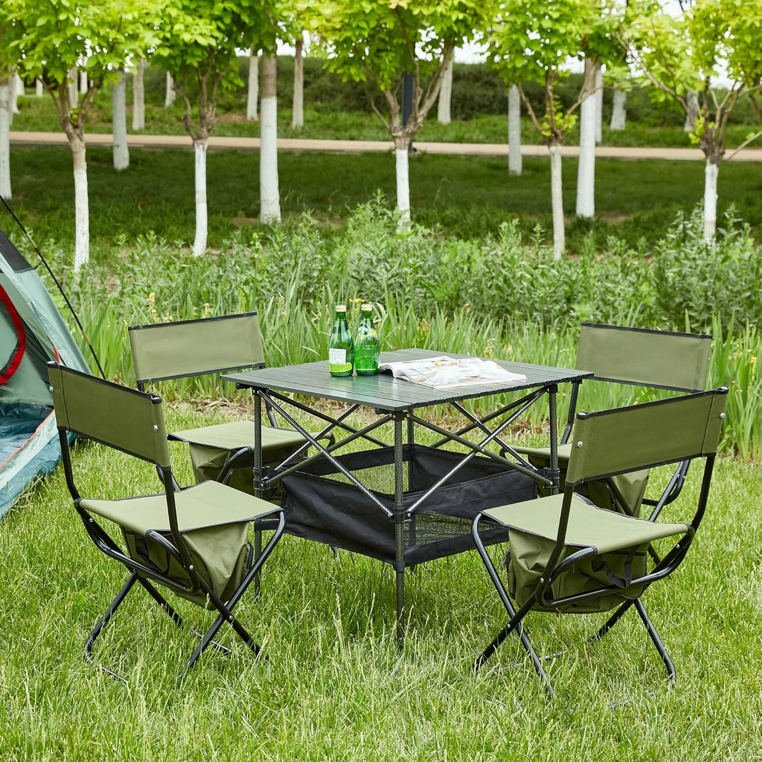 Set of 5 Folding Outdoor Table and Chairs for Camping and Picnics, Lightweight Aluminum Table, and Steel Chairs, Black/Green