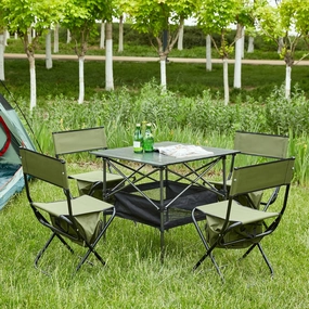 Set of 5 Folding Outdoor Table and Chairs for Camping and Picnics, Lightweight Aluminum Table, and Steel Chairs, Black/Green