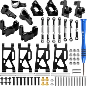 ShareGoo Aluminum Front Rear Swing Arm & Steering Knuckle Kit & Tie Rod Steering Servo Link Compatible with WLtoys 144010 144001 144002 1/14 RC Car (Black)