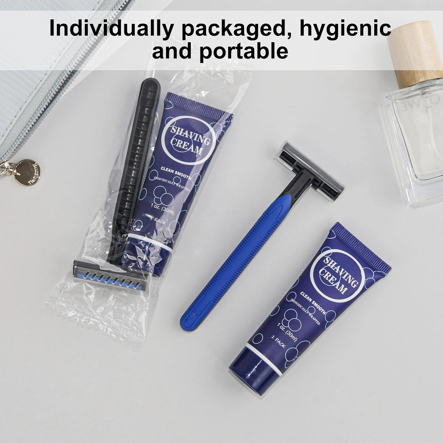 Shaving Razor Set, Disposable Individually Wrapped Manual Twin Blade Razors in Bulk Smooth Shaving Razors with Mini Shaving Cream Toiletries for Hotel Charity Camping Travel Homeless 1oz (Pack of 30)