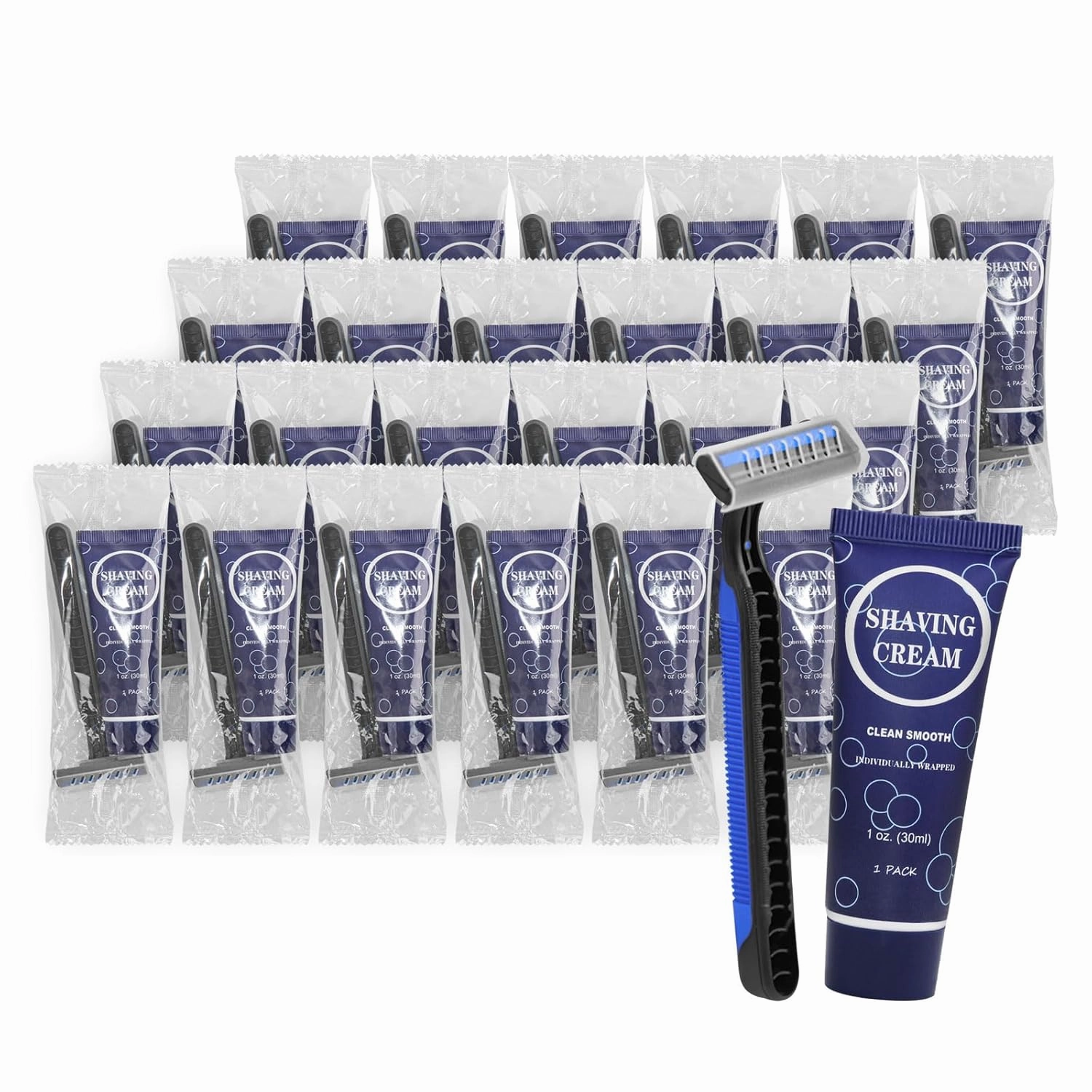Shaving Razor Set, Disposable Individually Wrapped Manual Twin Blade Razors in Bulk Smooth Shaving Razors with Mini Shaving Cream Toiletries for Hotel Charity Camping Travel Homeless 1oz (Pack of 30)
