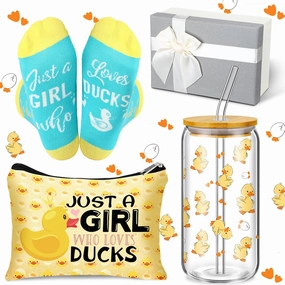 Skylety Duck Gifts Set Includes 16 oz Duck Glass Cup with Lid and Straw Duck Socks Just a Girl Who Loves Ducks Makeup Bag Cute Duck Stuff Duck Accessories Duck Gift for Duck Lovers Women graduation