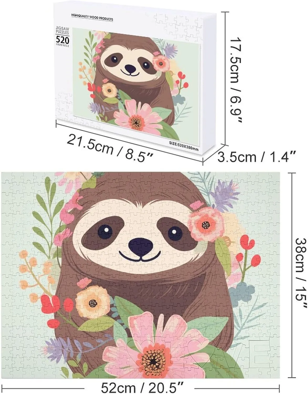 Sloth and Flowers Puzzles 520 Pieces Personalized Jigsaw Puzzles Sloth and Flowers Photo Puzzle Challenging Picture Puzzle for Adults Personaliz Jigsaw with Storage Bag (20.5" X 15")
