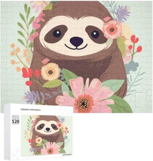Sloth and Flowers Puzzles 520 Pieces Personalized Jigsaw Puzzles Sloth and Flowers Photo Puzzle Challenging Picture Puzzle for Adults Personaliz Jigsaw with Storage Bag (20.5" X 15")