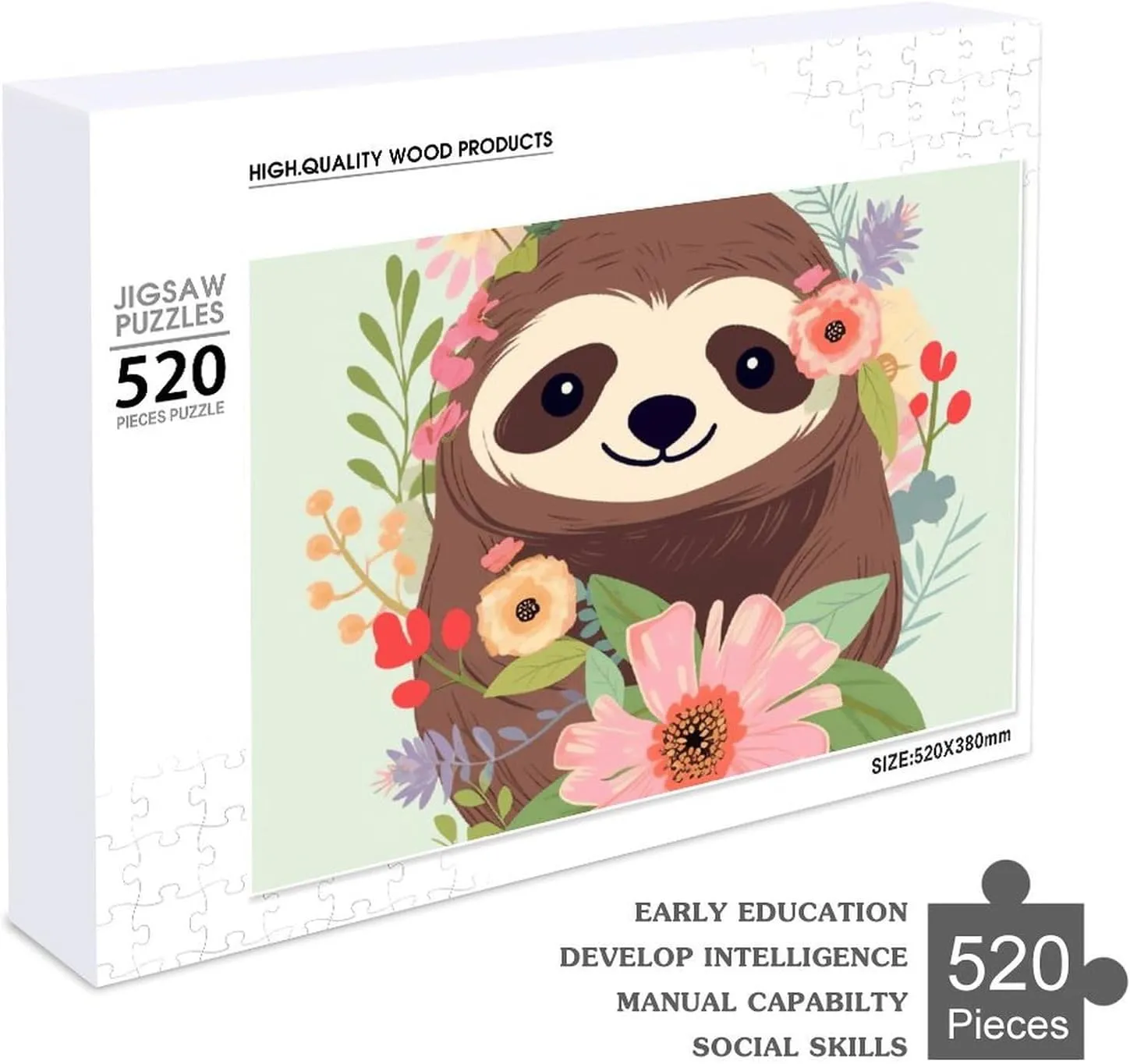 Sloth and Flowers Puzzles 520 Pieces Personalized Jigsaw Puzzles Sloth and Flowers Photo Puzzle Challenging Picture Puzzle for Adults Personaliz Jigsaw with Storage Bag (20.5" X 15")