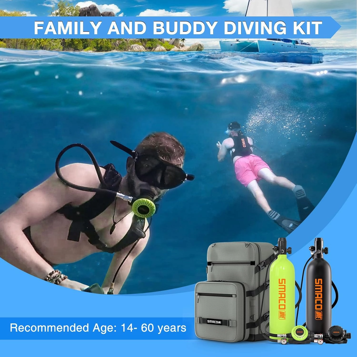 SMACO Mini Scuba Tank 1.9L Portable Diving Tank (2 Pcs) Reusable Scuba Pony Bottle Backup Dive Air Cylinder up to 30 Minutes Dive Time Family and Buddy Kit for Underwater Exploration Rescue S700