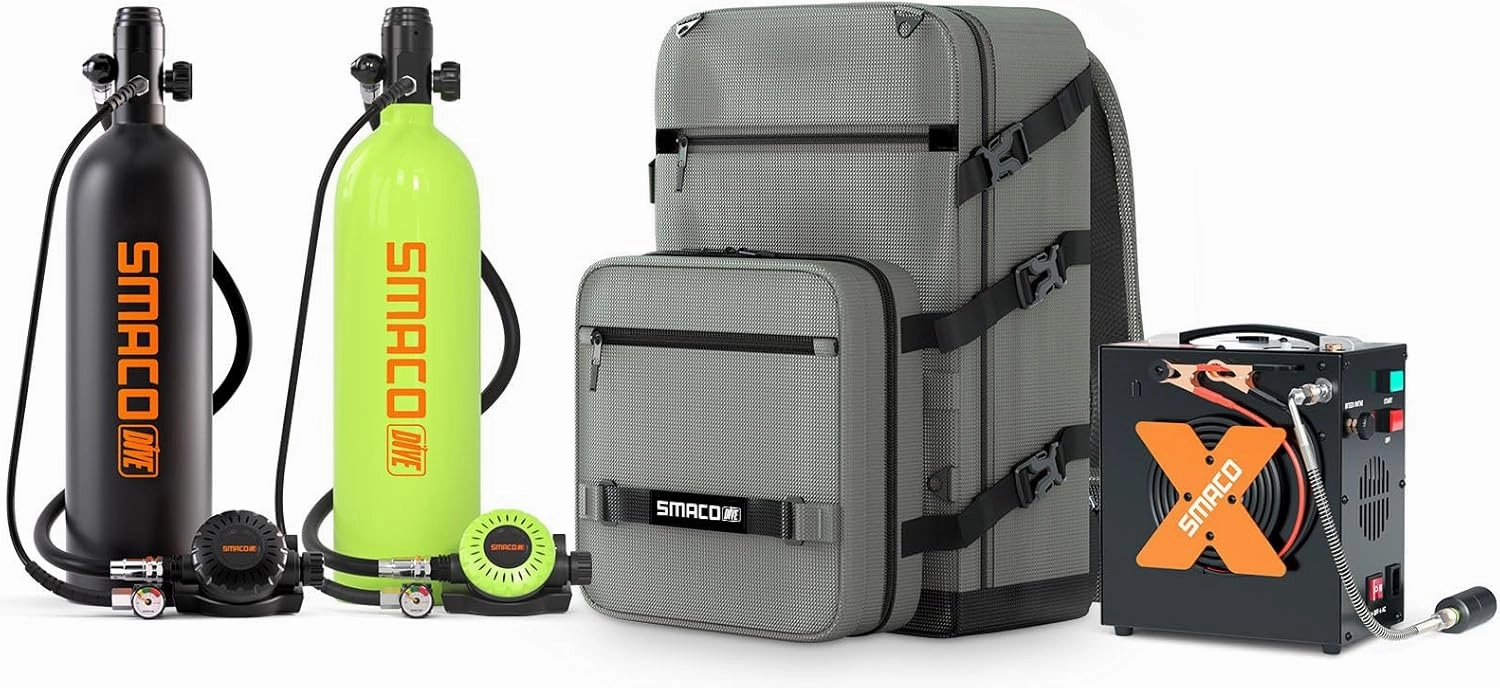 SMACO Mini Scuba Tank 1.9L Portable Diving Tank (2 Pcs) Reusable Scuba Pony Bottle Backup Dive Air Cylinder up to 30 Minutes Dive Time Family and Buddy Kit for Underwater Exploration Rescue S700