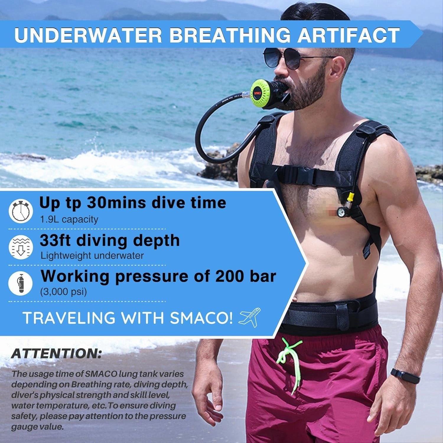 SMACO Mini Scuba Tank 1.9L Portable Diving Tank (2 Pcs) Reusable Scuba Pony Bottle Backup Dive Air Cylinder up to 30 Minutes Dive Time Family and Buddy Kit for Underwater Exploration Rescue S700