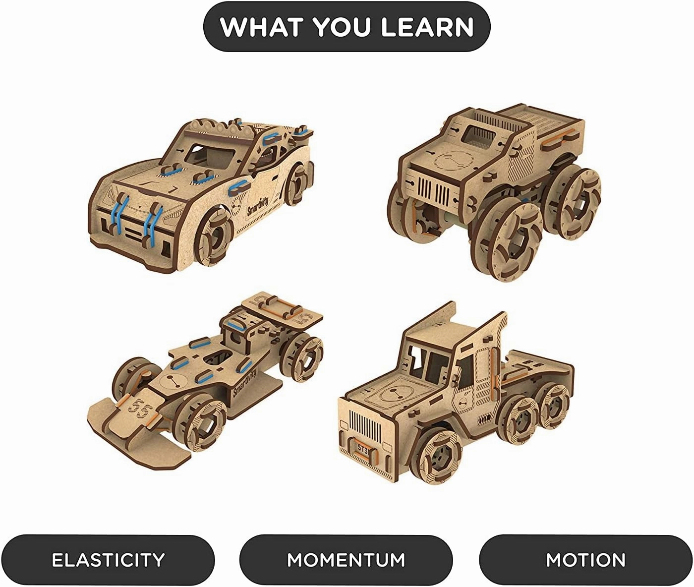 Smartivity Torque Busters 3D Wooden Car Engineering STEM Toy Building Set for Kids Ages 6 and Up, Includes Rubber Bands, Engineered Wood Components, Instruction Manual, Learner's Log