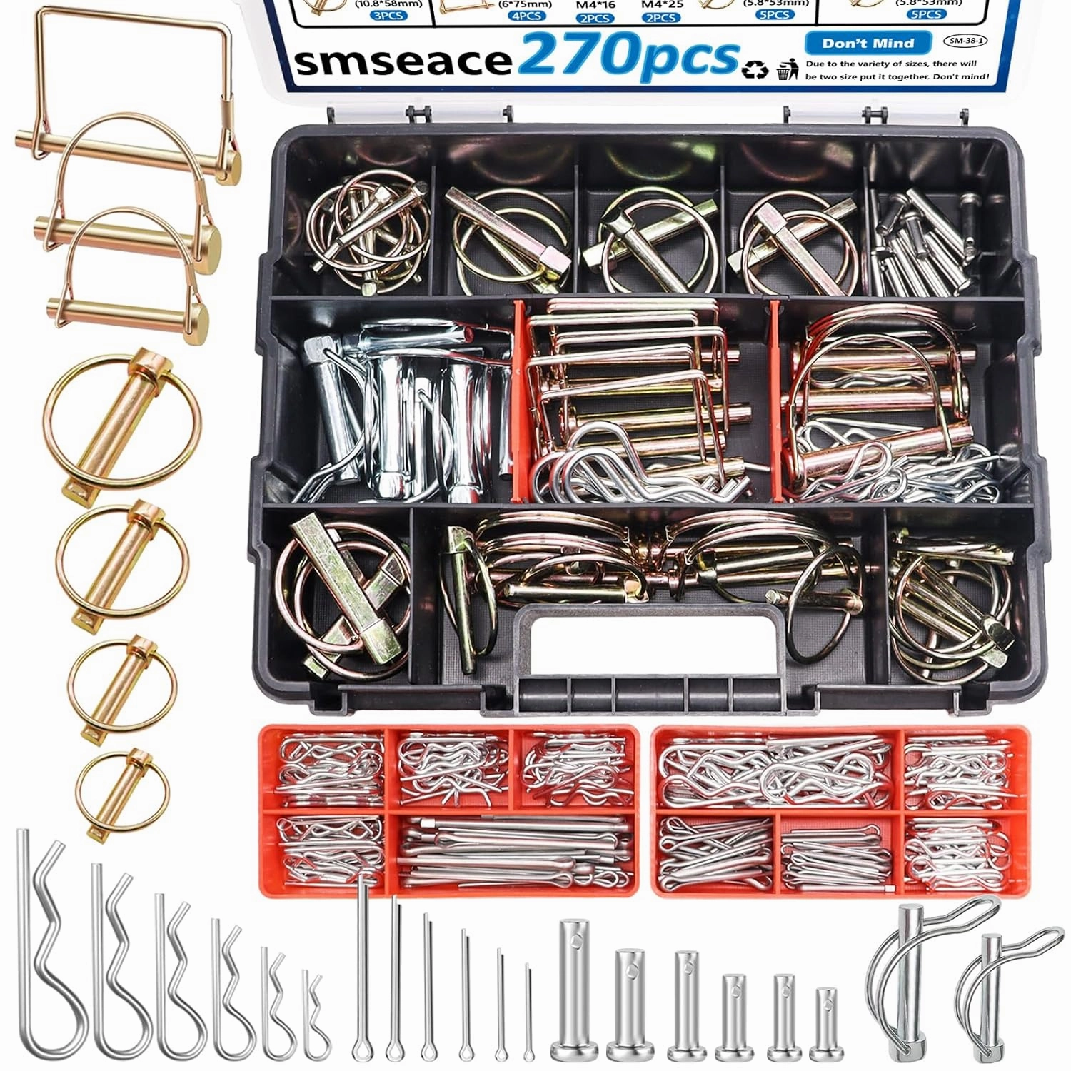 smseace 270Pcs Hitch Pins 31-Sizes Tractor Hitch Pins for Trailers Accessories,Farm Equipment, Lawnmower, Snowplow, Lawn Garden in Three-Point Accessories