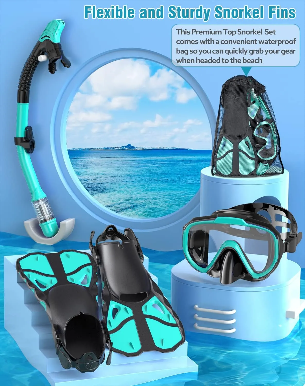 Snorkel Set with Fins for Adults, Snorkeling Gear for Adults Men and Women, Snorkle, Mask Set Adults Dry Top Snorkel Mask Combo Set with Travel Bag for Snorkeling, Diving, Swimming