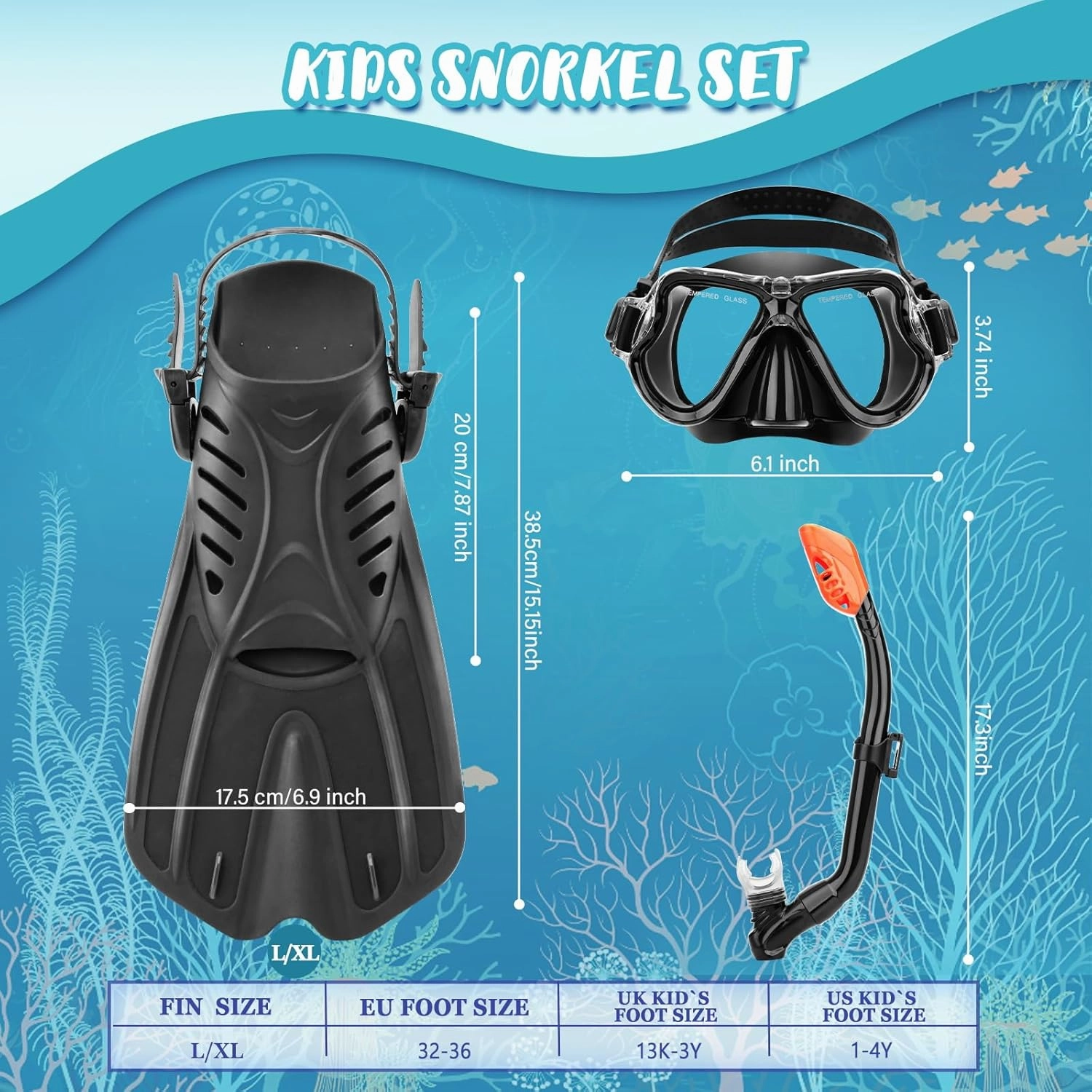 Snorkeling Gear for Kids Ages 6-14, 4 in 1 Kids Mask Fins Snorkel Set with Panoramic View Anti Fog Mask, Dry Top Snorkel, Trek Fins and Travel Bag, Kids Snorkel Set for Youth Teens Junior