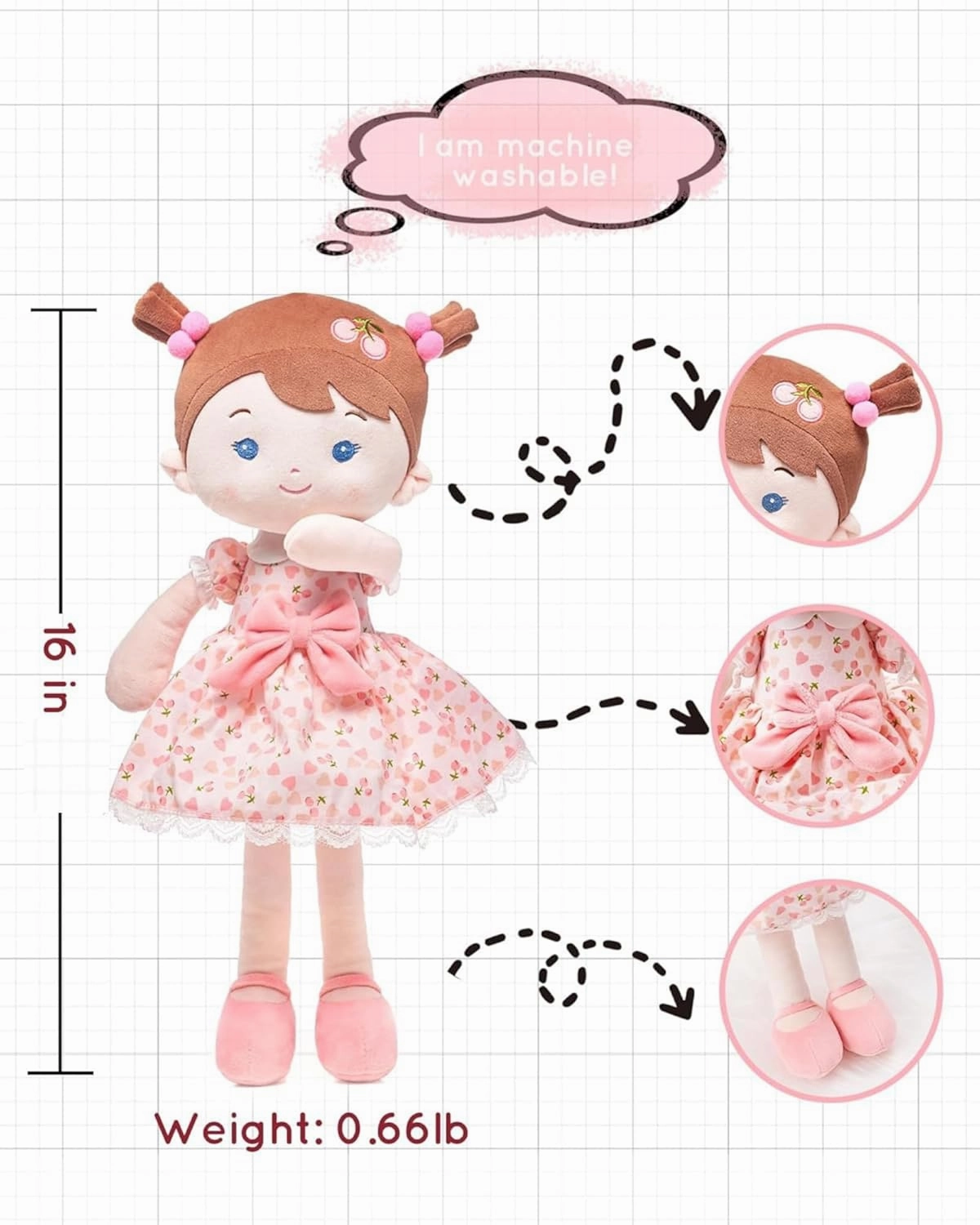 Soft Baby Doll Toys (16''), My First Baby Rag Doll for 1 Year-Old Girl Birthday Gift,Christmas Plush Toys Gift for Toddler Kids Infants-Cherry