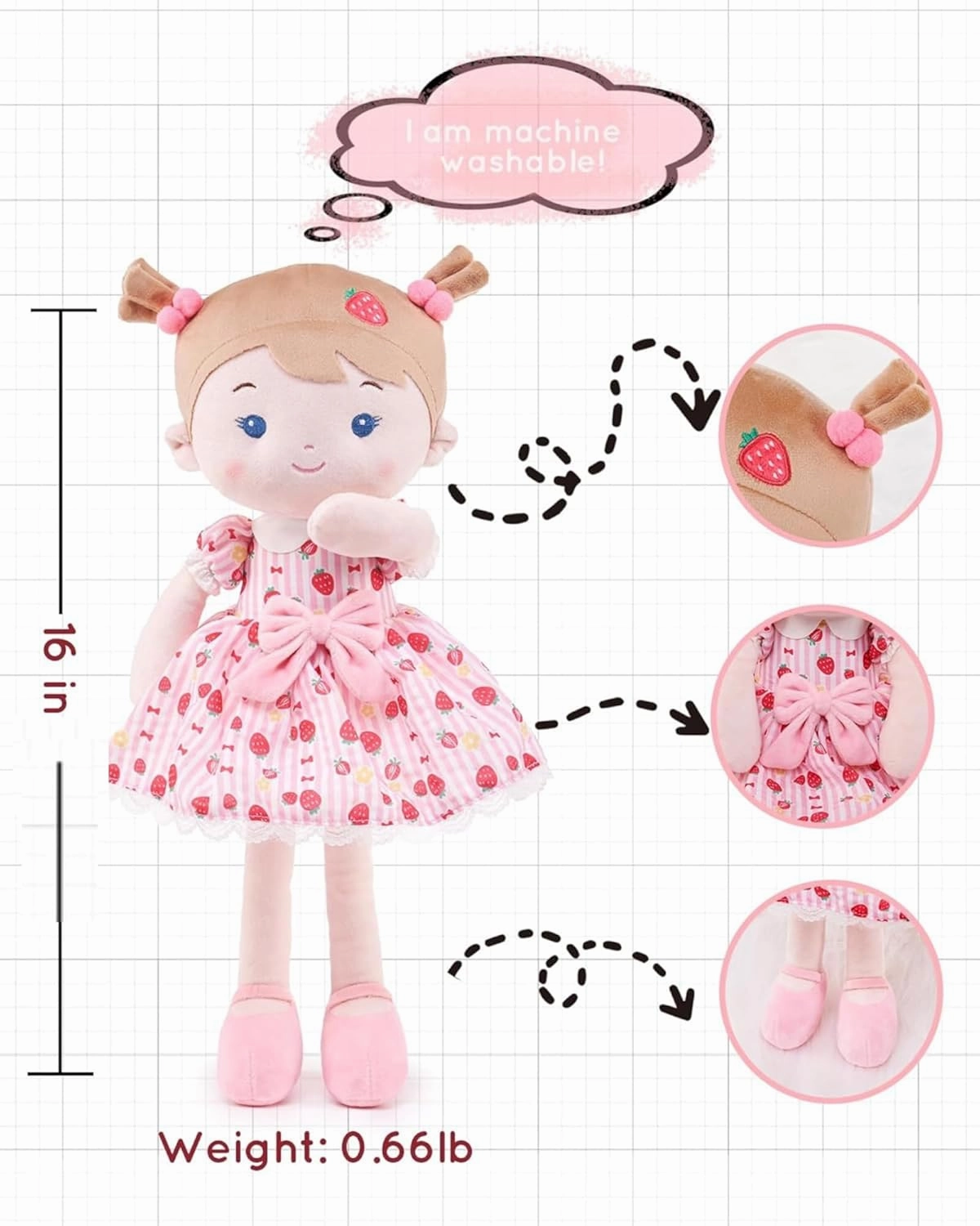 Soft Baby Doll Toys (16''), My First Baby Rag Doll for 1 Year-Old Girl Birthday Gift, Christmas Plush Toys Gift for Toddler Kids Infants-Strawberry-Girl