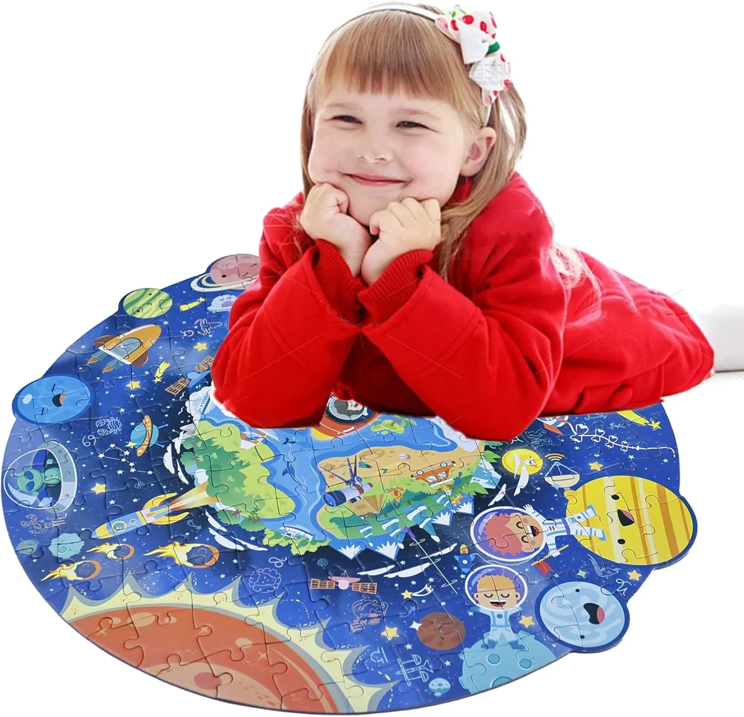 Solar System Puzzle for Kids 4-6 – 128-Piece Round Floor Jigsaw, STEM Learning Toy, Space Puzzle with Planets for Boys & Girls, Educational Gift for Kids Ages 3-8