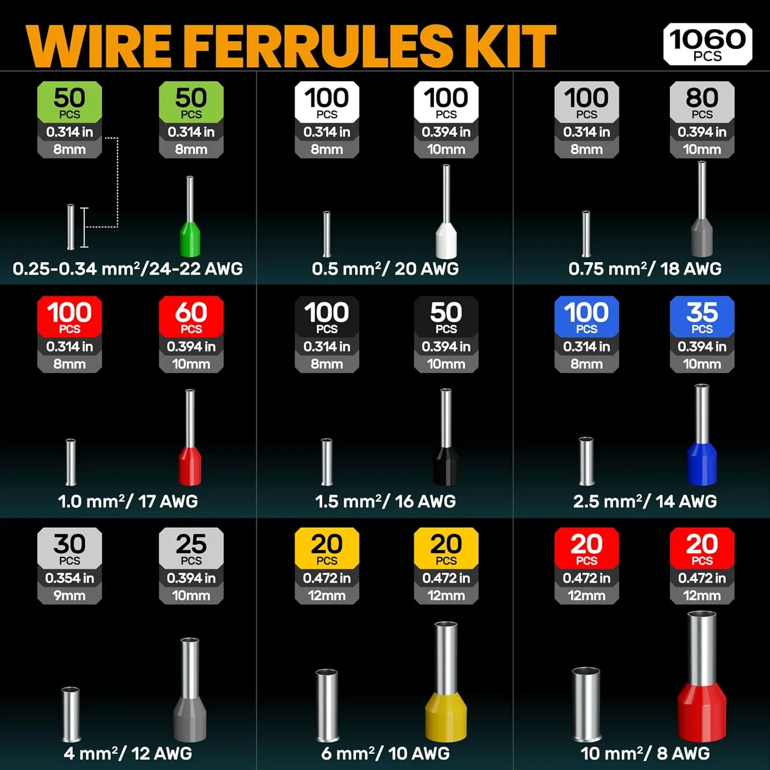 SOMELINE® Ferrule Crimping Tool Kit, Self-Adjusting Pliers for Wire Ferrules AWG 24-8, With 18 Sizes Insulated and Non-insulated Wire Ferrules Terminals, Square Crimp Connector Assortment Kit